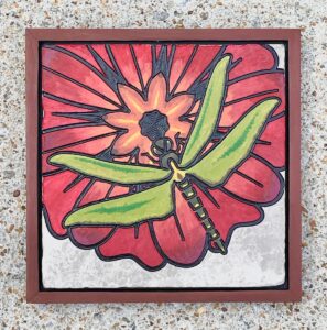Marble tile with a red flower and a green-winged dragonfly engraved and painted on it - $100.00