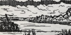 Marble tile with a lake, landscape, and clouds engraved and painted on it.